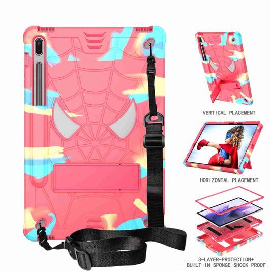 For Samsung Galaxy Tab S7 FE / S7+ / S8+ Spider Texture Silicone Hybrid PC Tablet Case with Shoulder Strap(Camouflage + Rose Red) by bashfashion