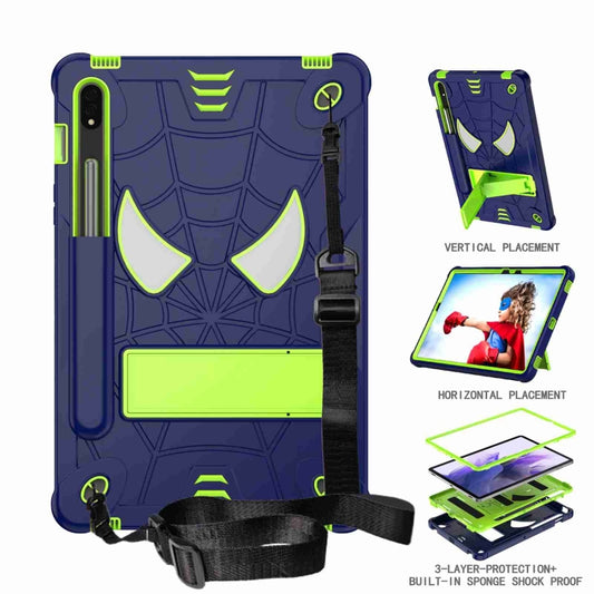 For Samsung Galaxy Tab S7 / S8 Spider Texture Silicone Hybrid PC Tablet Case with Shoulder Strap(Navy Blue + Yellow Green) by bashfashion