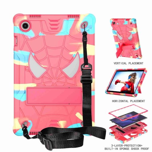 For Samsung Galaxy Tab A8 10.5 2021 Spider Texture Silicone Hybrid PC Tablet Case with Shoulder Strap(Camouflage + Rose Red) by bashfashion