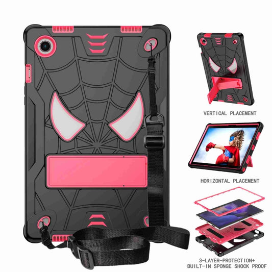 For Samsung Galaxy Tab A8 10.5 2021 Spider Texture Silicone Hybrid PC Tablet Case with Shoulder Strap(Black + Rose Red) by bashfashion