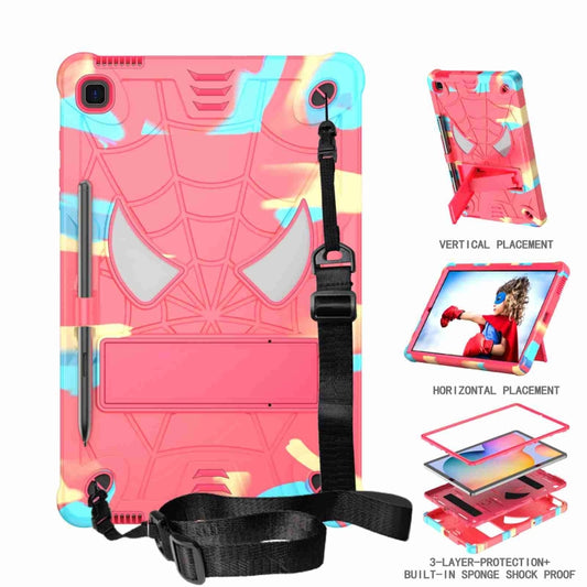 For Samsung Galaxy Tab S6 Lite P610 Spider Texture Silicone Hybrid PC Tablet Case with Shoulder Strap(Camouflage + Rose Red) by bashfashion