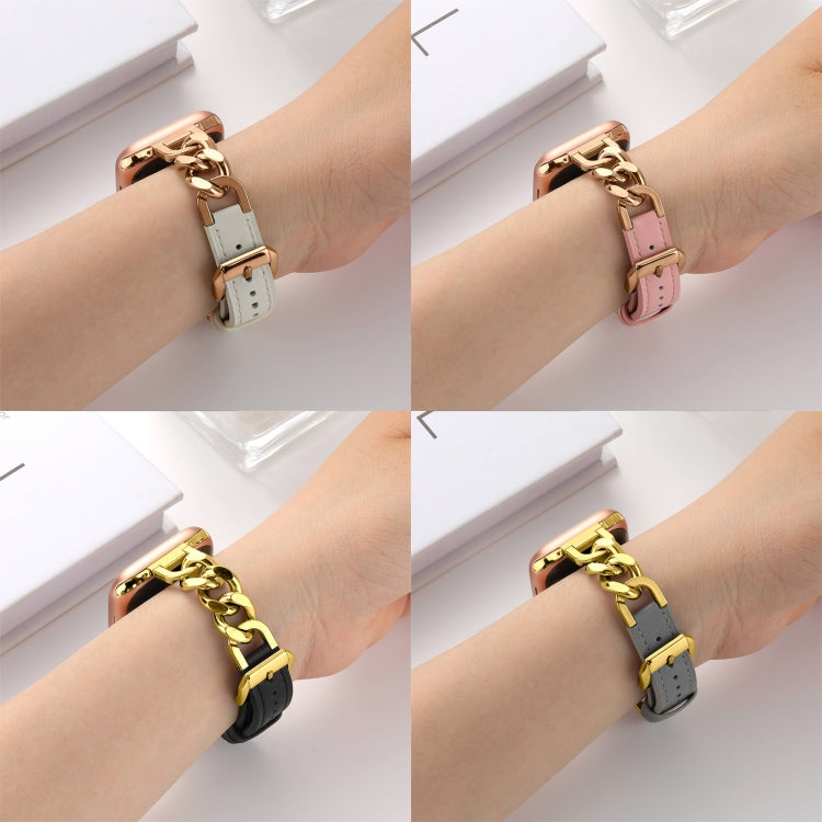 For Apple Watch Series 9 45mm Chain Genuine Leather Watch Band, Size: L(Rose Gold Pink) by bashfashion