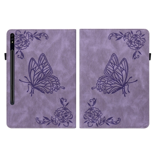 For Samsung Galaxy Tab S9 Butterfly Flower Embossed Leather Tablet Case(Purple) by bashfashion