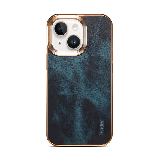 For iPhone 14 Denior Oil Wax Cowhide Plating Phone Case(Blue) by Denior