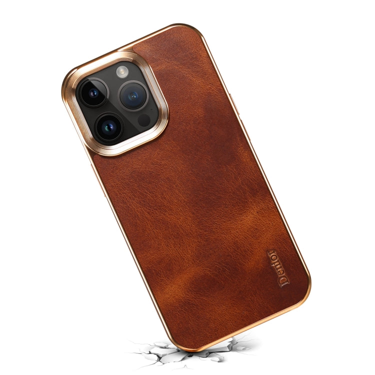 For iPhone 14 Plus Denior Oil Wax Cowhide Plating Phone Case(Brown) by Denior