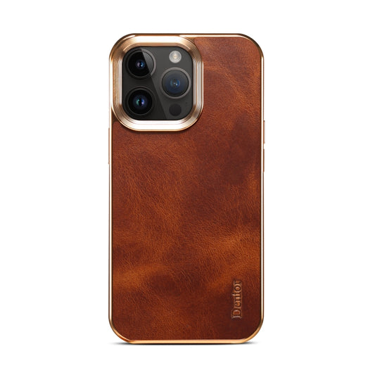 For iPhone 15 Plus Denior Oil Wax Cowhide Plating Phone Case(Brown) by Denior