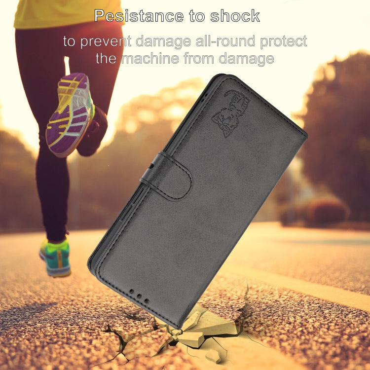 For iPhone 16e Embossed Happy Cat Pattern Flip Leather Phone Case(Black) by bashfashion