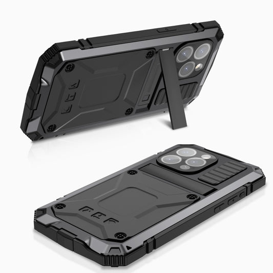 For iPhone 15 Pro R-JUST Shockproof Life Waterproof Dust-proof Metal + Silicone Phone Case with Holder(Black) by R-JUST