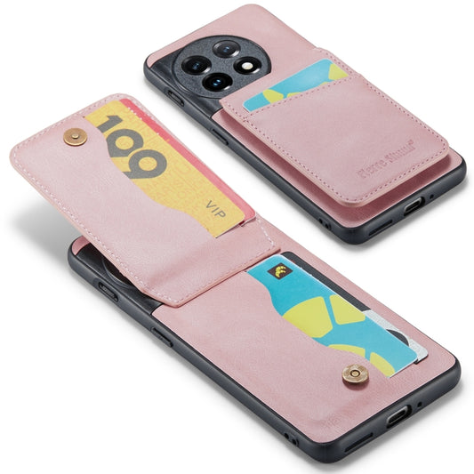 For OnePlus 11 Fierre Shann Crazy Horse Card Holder Back Cover PU Phone Case(Pink) by FIERRE SHANN