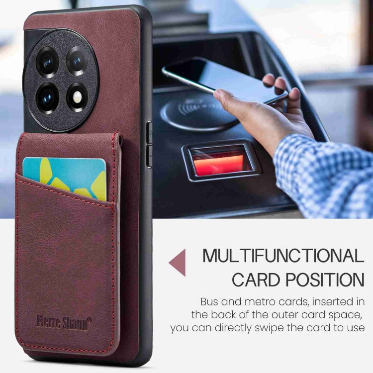 For OnePlus 11 Fierre Shann Crazy Horse Card Holder Back Cover PU Phone Case(Wine Red) by FIERRE SHANN