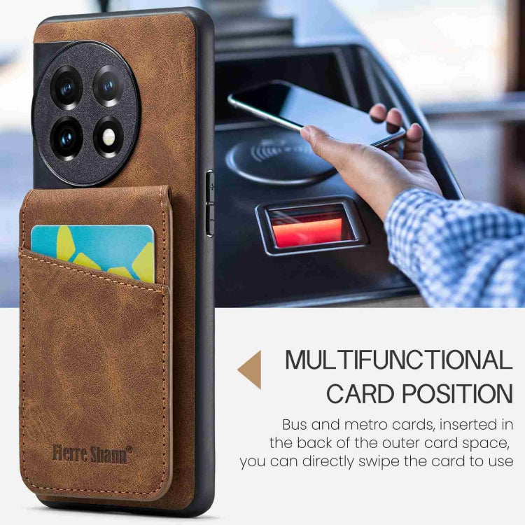 For OnePlus 11 Fierre Shann Crazy Horse Card Holder Back Cover PU Phone Case(Brown) by FIERRE SHANN