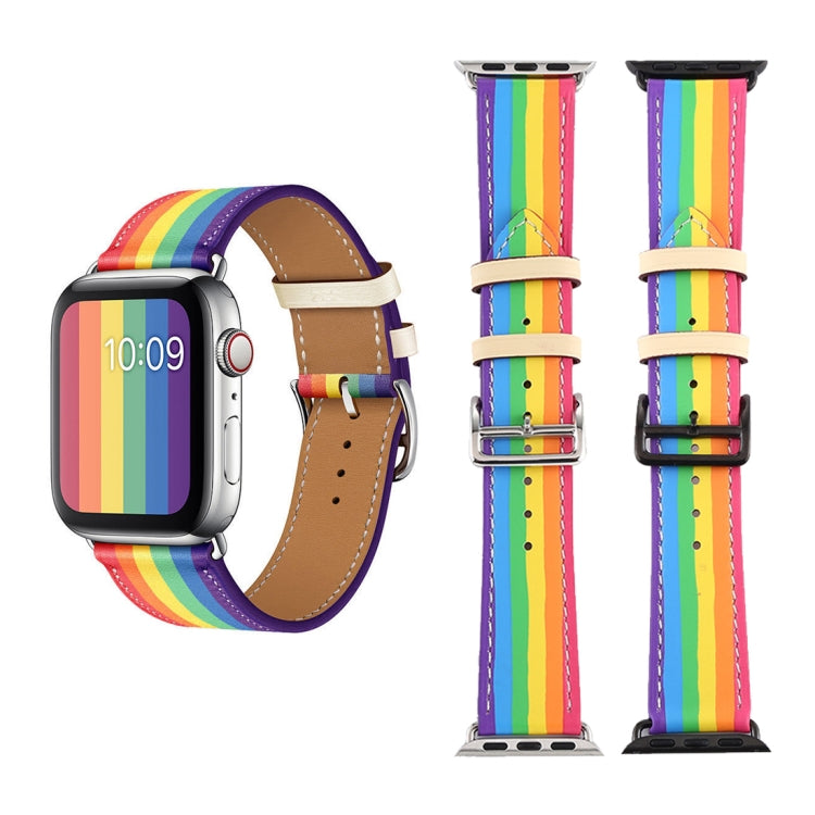 For Apple Watch Series 7 45mm / 6 & SE & 5 & 4 44mm / 3 & 2 & 1 42mm Rainbow Leather Watch Band(White) by bashfashion