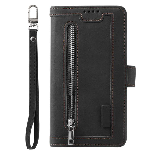 For iPhone 16e Nine Card Zipper Bag Leather Phone Case with Lanyard(Black) by bashfashion