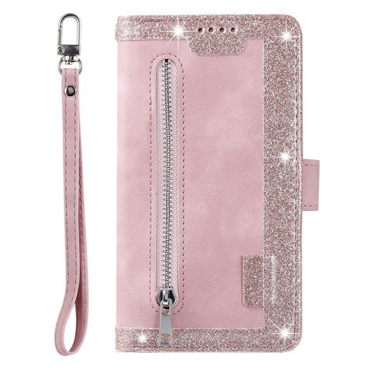 For iPhone 16e Nine Card Zipper Bag Leather Phone Case with Lanyard(Pink) by bashfashion