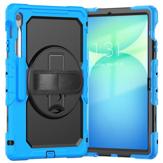 For Samsung Galaxy Tab S10 FE+ Lucky Wheel Grip Silicone Hybrid PC Tablet Case with Shoulder Strap(Black+Light Blue) by bashfashion