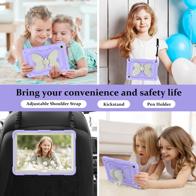 For Samsung Galaxy Tab A9+ / A11+ Butterfly Kickstand Heavy Duty Hard Rugged Tablet Case(Beige+Raro Purple) by bashfashion
