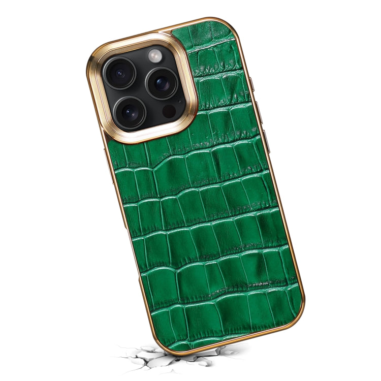 For iPhone 16 Pro Denior Crocodile Texture Genuine Leather Electroplating Phone Case(Green) by Denior