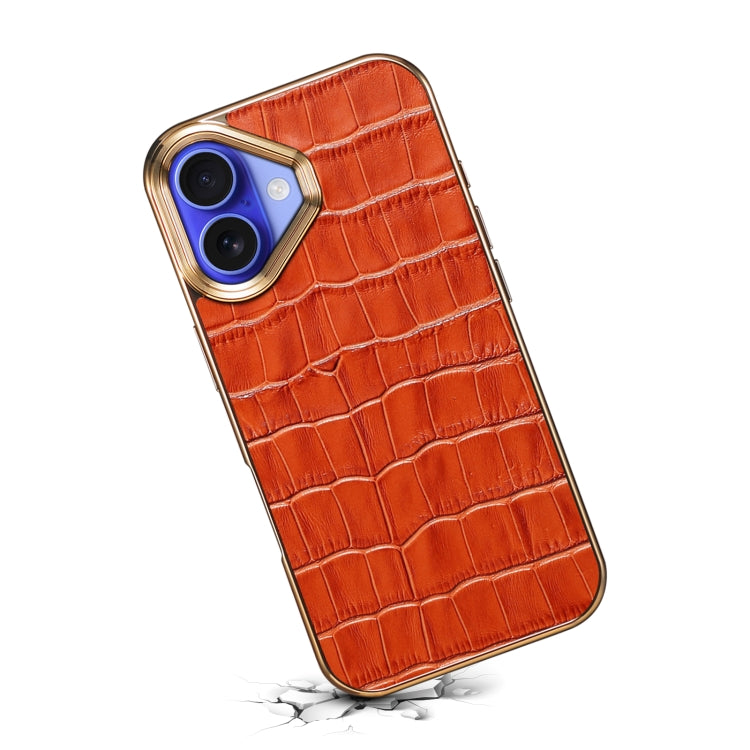 For iPhone 16 Plus Denior Crocodile Texture Genuine Leather Electroplating Phone Case(Mocha Brown) by Denior