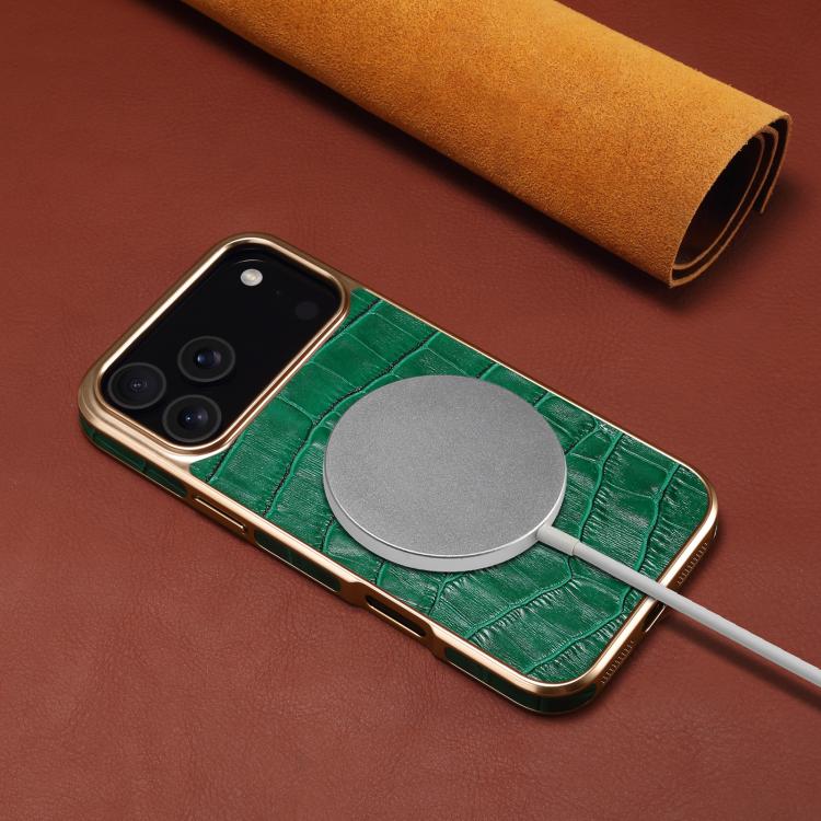 For iPhone 17 Pro Denior Crocodile Texture Genuine Leather Electroplating Phone Case(Green) by Denior