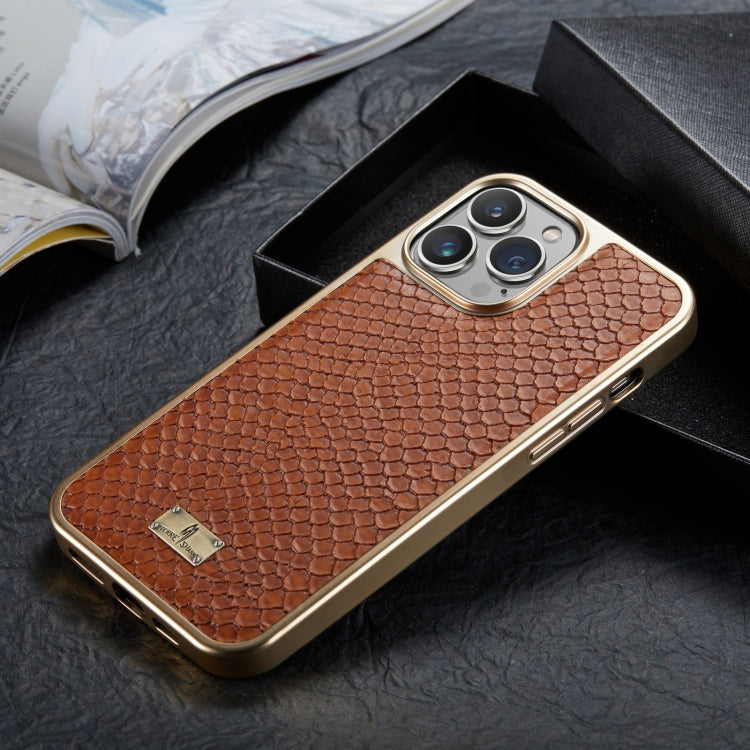 For iPhone 15 Fierre Shann Snake Texture Electroplating PU Phone Case(Brown) by FIERRE SHANN
