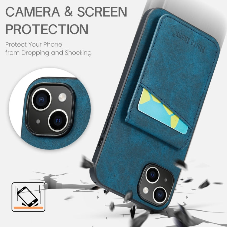 For iPhone 15 Plus Fierre Shann Crazy Horse Card Holder Back Cover PU Phone Case(Blue) by FIERRE SHANN