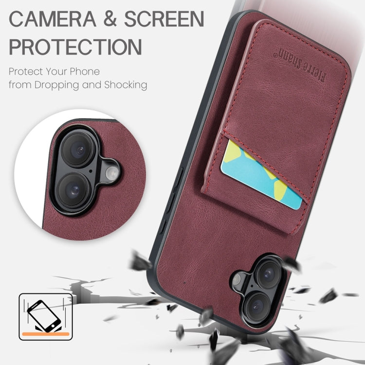 For iPhone 16 Fierre Shann Crazy Horse Card Holder Back Cover PU Phone Case(Wine Red) by FIERRE SHANN