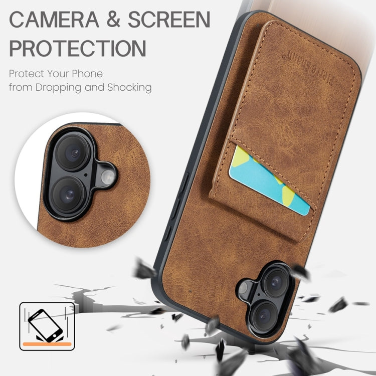 For iPhone 16 Fierre Shann Crazy Horse Card Holder Back Cover PU Phone Case(Brown) by FIERRE SHANN