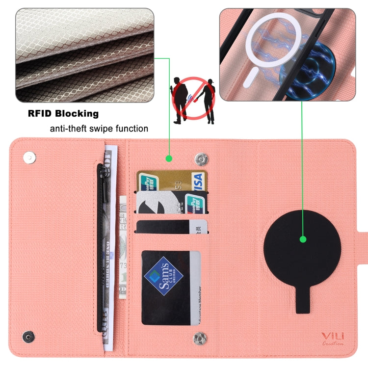 For iPhone 14 Plus ViLi GHB Series MagSafe Magnetic Zipper Leather Phone Case(Pink) by ViLi