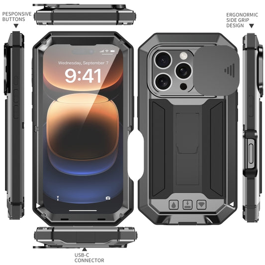 For iPhone 16 Pro Max R-JUST Sliding Camera IP54 Life Waterproof Holder Phone Case(Black) by R-JUST