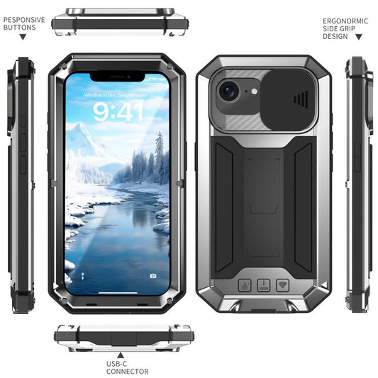 For iPhone 16e R-JUST Sliding Camera IP54 Life Waterproof Holder Phone Case(Silver) by R-JUST