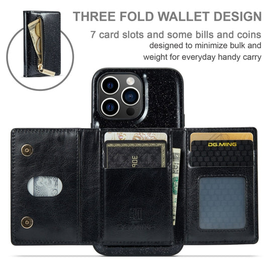 For iPhone 15 Pro Max DG.MING M3 Series Glitter Powder Card Bag Leather Phone Case(Black) by DG.MING