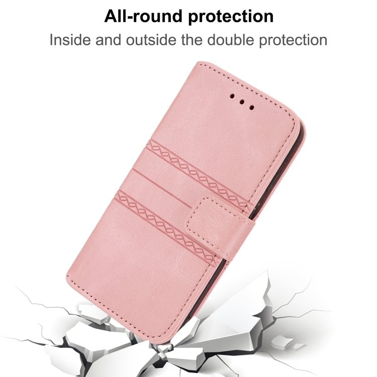 For iPhone 16e Embossed Stripes Skin Feel Leather Phone Case(Pink) by bashfashion