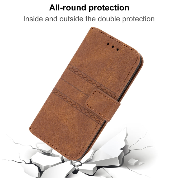 For iPhone 16e Embossed Stripes Skin Feel Leather Phone Case(Brown) by bashfashion