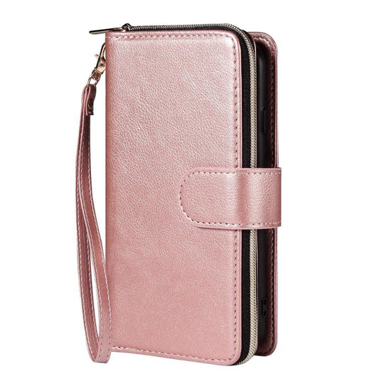 For iPhone 16e 9 Card Slots Zipper Wallet Bag Leather Phone Case(Rose Gold) by bashfashion