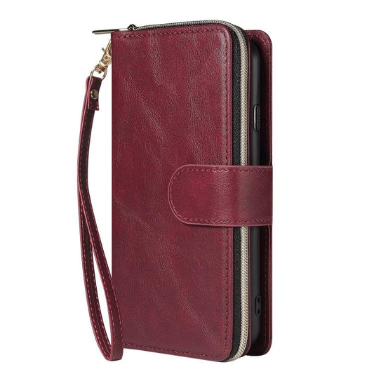 For iPhone 16e 9 Card Slots Zipper Wallet Bag Leather Phone Case(Wine Red) by bashfashion