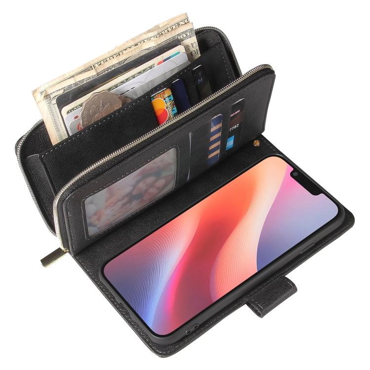 For iPhone 16e 9 Card Slots Zipper Wallet Bag Leather Phone Case(Black) by bashfashion