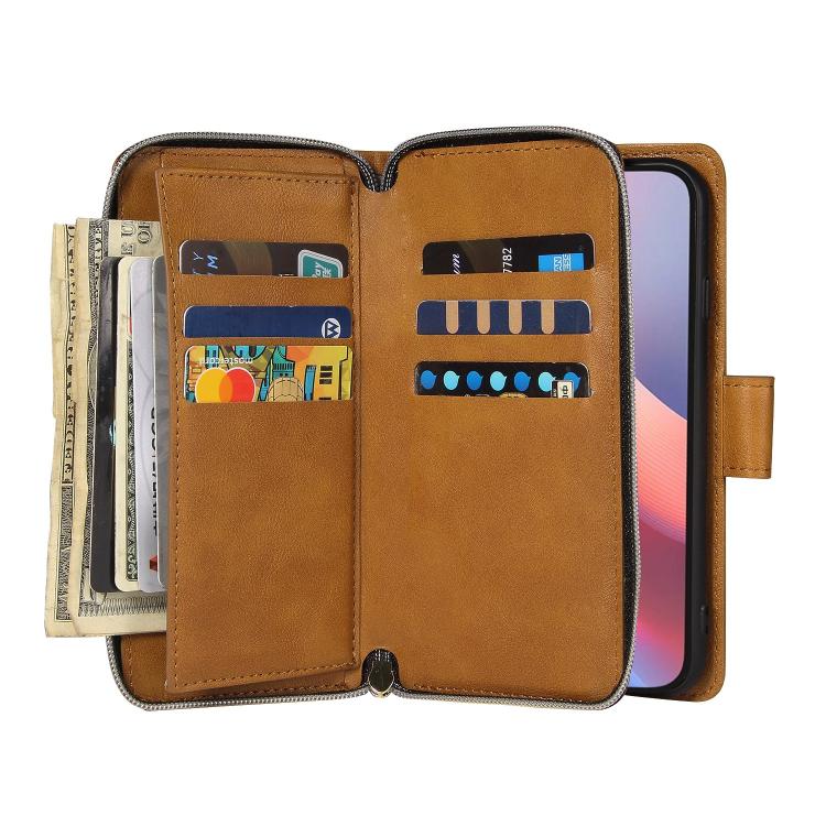 For iPhone 16e 9 Card Slots Zipper Wallet Bag Leather Phone Case(Brown) by bashfashion