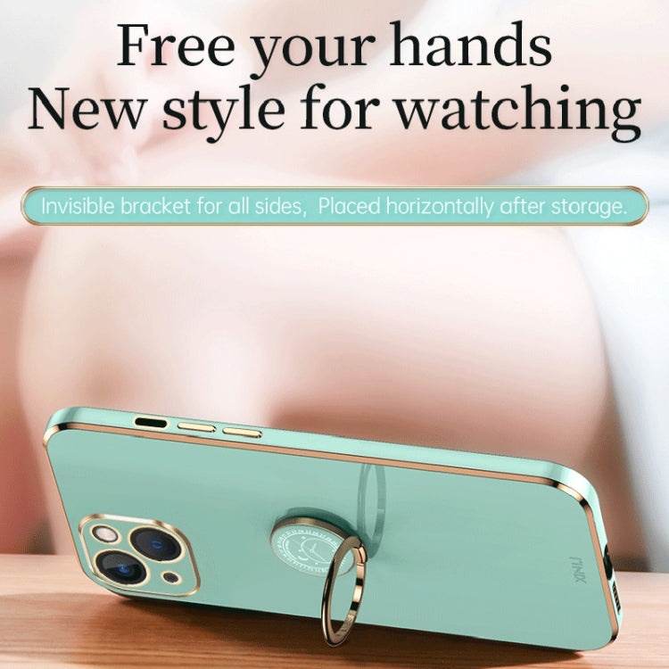 For iPhone 15 Plus XINLI Straight Edge 6D Electroplate TPU Phone Case with Ring Holder(Mint Green) by XINLI