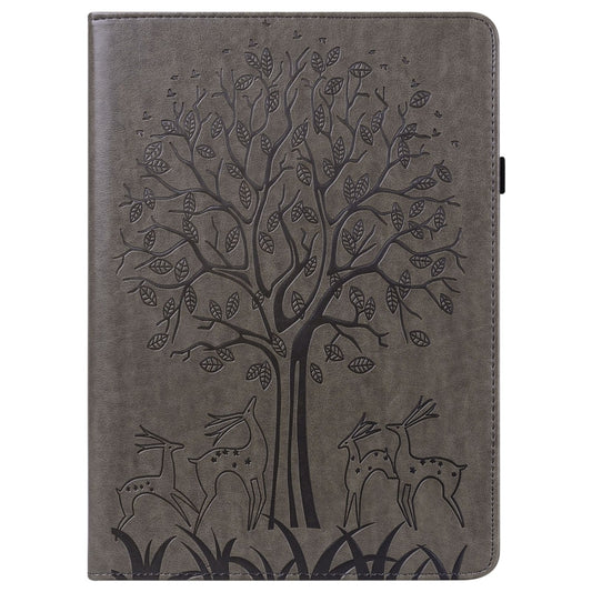 For Samsung Galaxy Tab A9 Tree & Deer Embossed Leather Tablet Case(Grey) by bashfashion