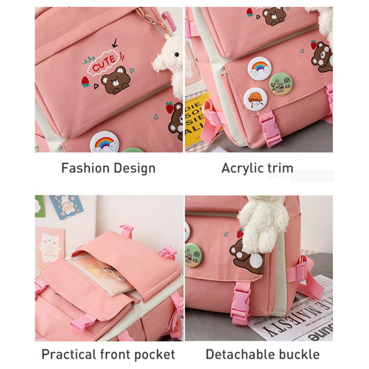 5pcs/Set Student Schoolbags, Lightweight and Cute Girls Backpack with Bear(Pink) by bashfashion