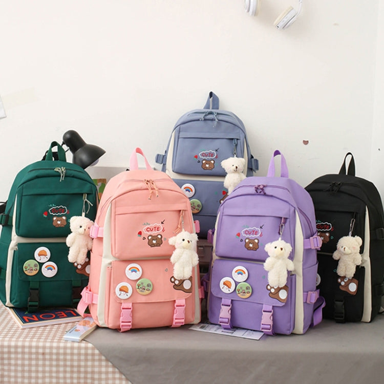 5pcs/Set Student Schoolbags, Lightweight and Cute Girls Backpack with Bear(Black) by bashfashion