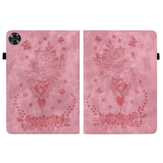 For Realme Pad 2 Butterfly Rose Embossed Leather Tablet Case(Pink) by bashfashion