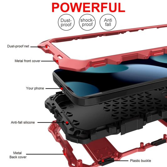 For iPhone 15 Plus R-JUST Metal + Silicone + Tempered Glass Life Waterproof Phone Case with Holder(Red) by R-JUST
