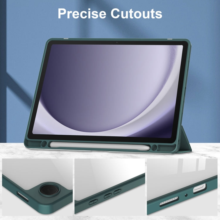 For Samsung Galaxy Tab A9+ Acrylic 3-folding Smart Leather Tablet Case with Pen Slot(Dark Green) by bashfashion