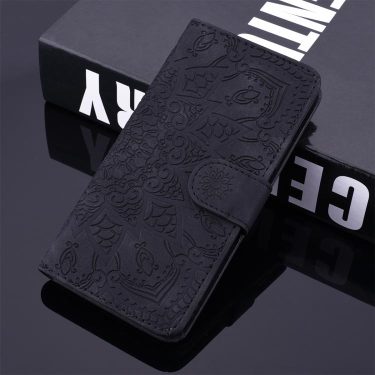 For iPhone 16e Mandala Embossed Dual-Fold Calf Leather Phone Case(Black) by bashfashion
