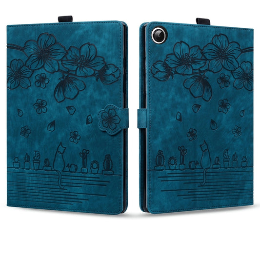 For Samsung Galaxy Tab A8 X200 Cartoon Sakura Cat Embossed Smart Leather Tablet Case(Blue) by bashfashion