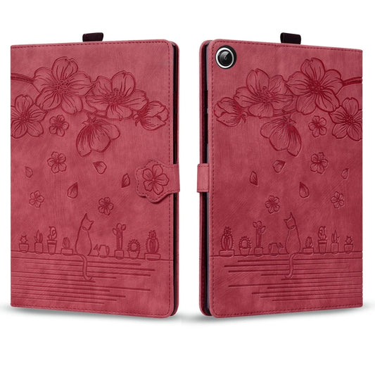 For Samsung Galaxy Tab A11 / A9 Cartoon Sakura Cat Embossed Leather Tablet Case(Red) by bashfashion