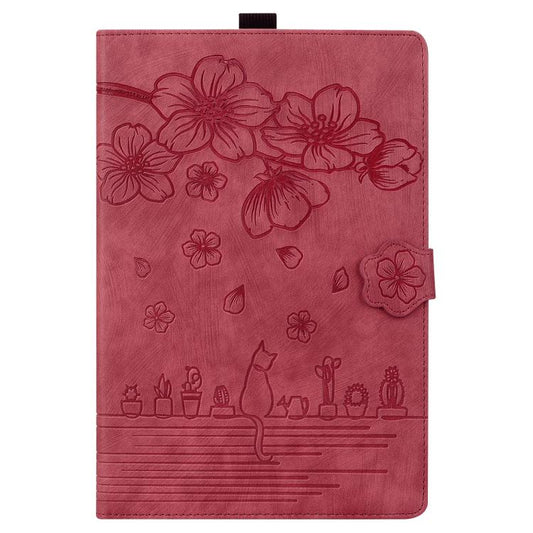 For Samsung Galaxy Tab S10 FE+ Cartoon Sakura Cat Embossed Leather Tablet Case(Red) by bashfashion