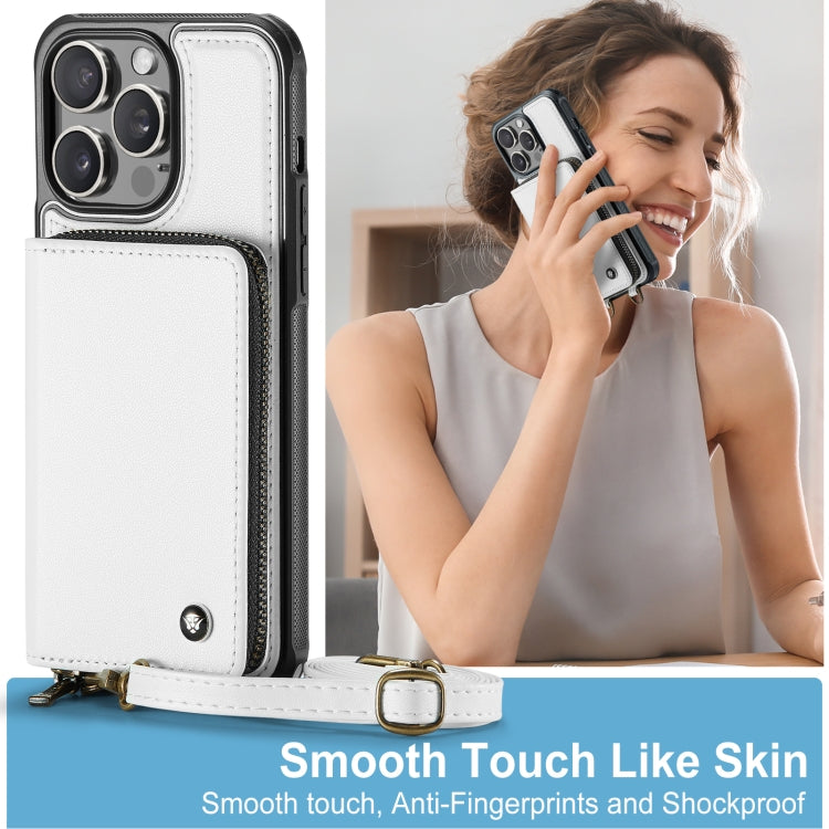 For iPhone 15 Pro Max JEEHOOD C22 Series Zipper Wallet Leather Phone Case with Dual Lanyard(White) by JEEHOOD
