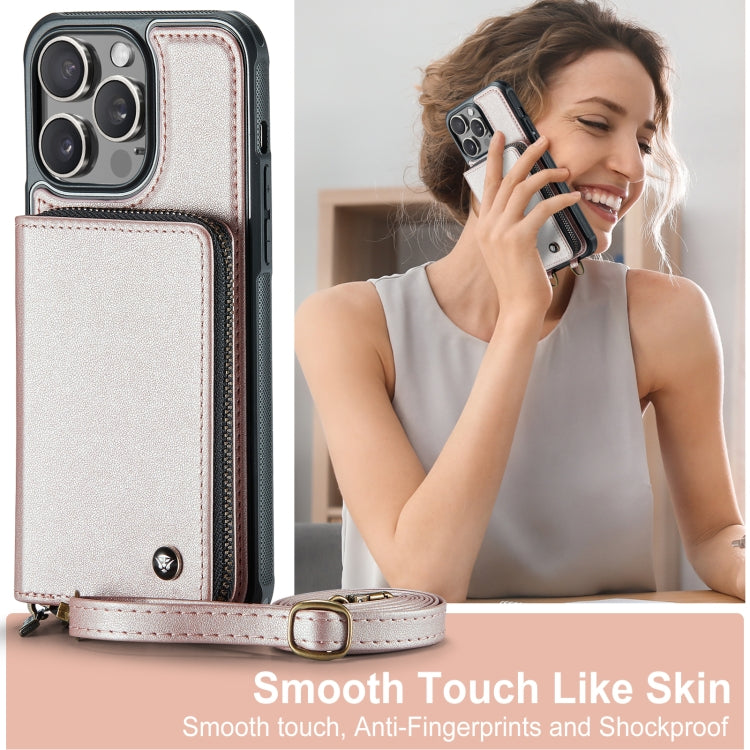 For iPhone 15 Pro JEEHOOD C22 Series Zipper Wallet Leather Phone Case with Dual Lanyard(Rose Gold) by JEEHOOD